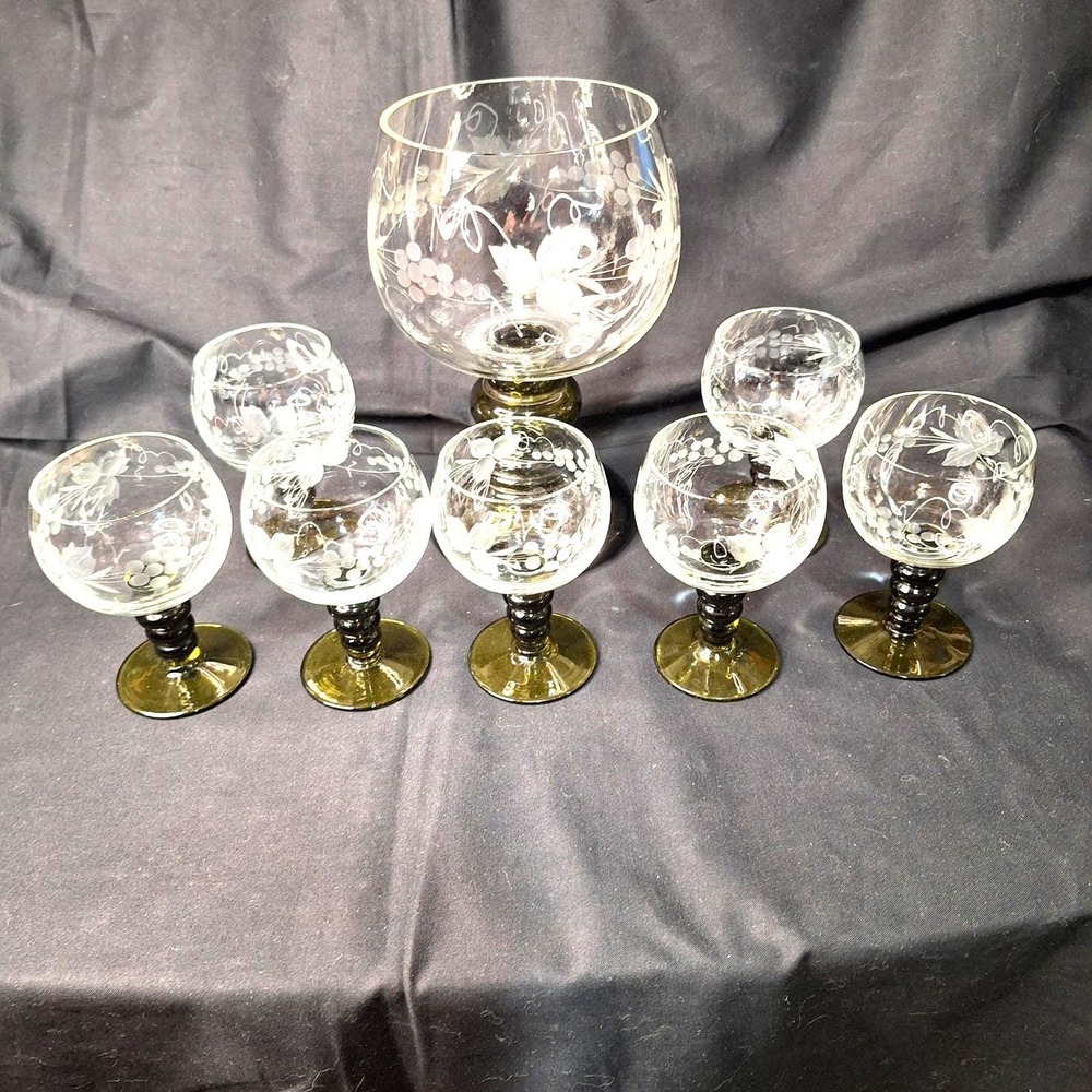 Vintage Roemer Etched Grape Wine Glass Set 7pc Green Beehive Stem Centerpce Bowl